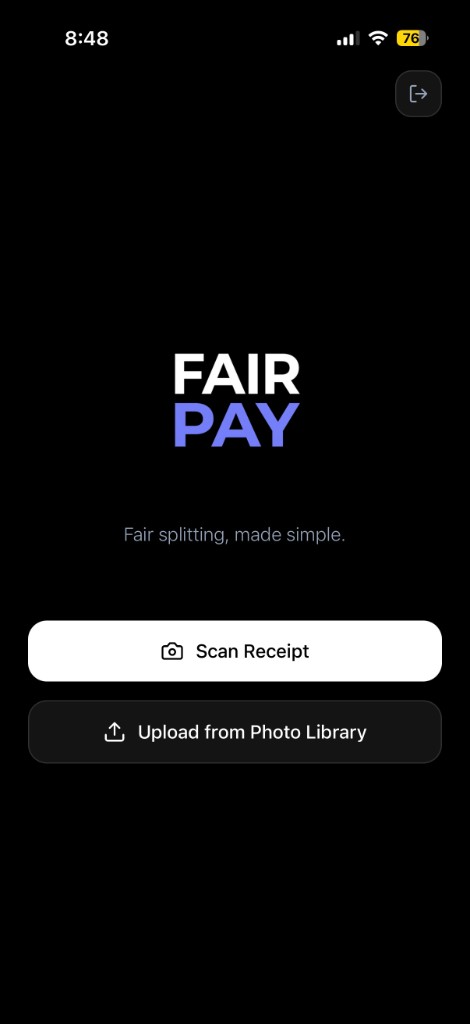 FairPay intro screen with scan receipt and upload actions.